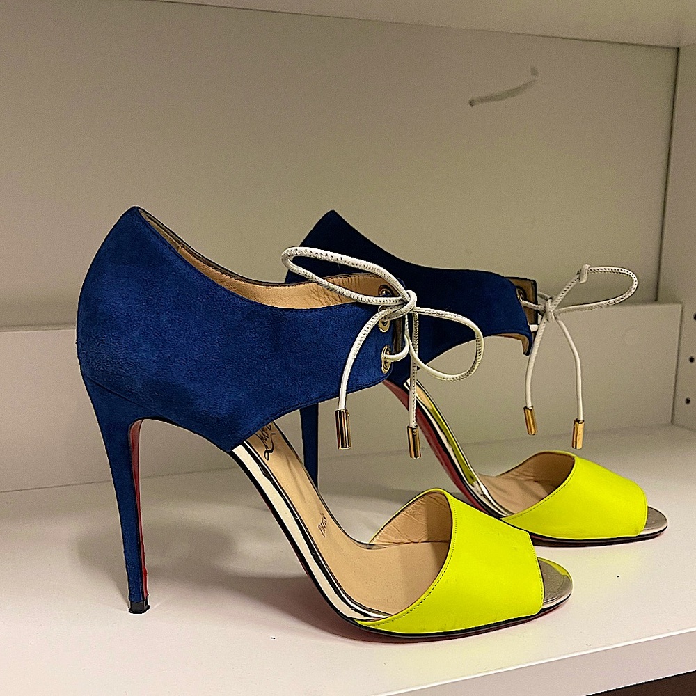 Christian Louboutin Royal Blue Suede and Neon Yellow Mayer King 120 Sandals